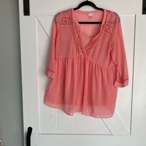 Motherhood Maternity | Coral Pink Lace Blouse with Built- in under tank.